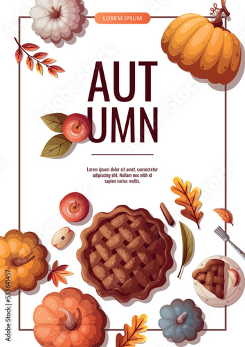 Autumn promo sale flyer with pumpkins, apple pie and autumn leaves. Autumn, harvest, holiday, fall concept. Vector illustration.