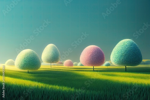 Abstract hill landscape with rounded colored trees. Pixar style. photo