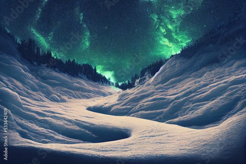 Boreal lights, frozen river in the mountains. Night view in the cold forest. Winter season.