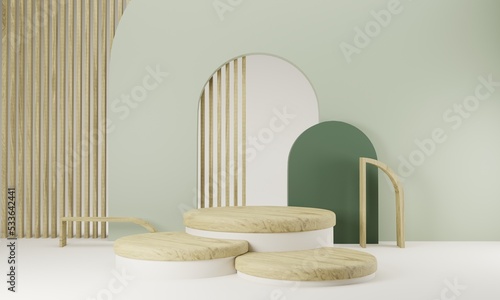 Fototapeta Naklejka Na Ścianę i Meble -  circle wood podium for product presentation on green color background 3d rendering