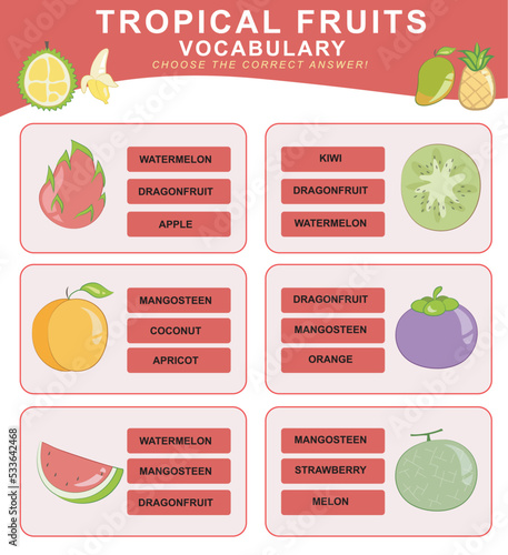 Choose the correct answer. Tropical fruits vocabulary. Worksheet for preschool. English class for toddlers. Educational game for children. Vector file. 