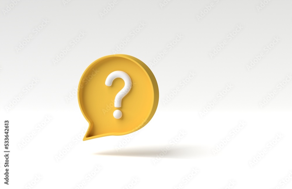 Social media notification with question mark icon on white background. FAQ symbol concept. 3D render, 3D illustration. Social media notification with question mark icon on white background. FAQ symbol concept. 3D render, 3D illustration.