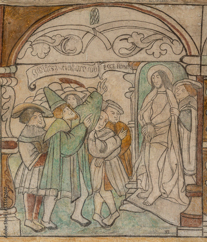 Fotografie, Obraz Jesus in praetorium before Pontius Pilate, a wall-painting from 1530