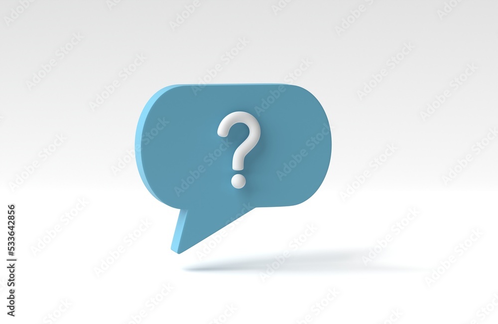 Social media blue notification with question mark icon on white background. FAQ symbol concept. 3D render, 3D illustration. Social media blue notification with question mark icon on white background. FAQ symbol concept. 3D render, 3D illustration.