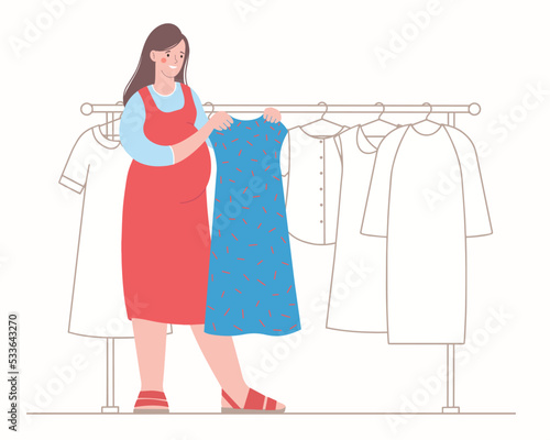 Pregnant woman in the store chooses a dress. Maternity clothes. Rack with dresses. Vector illustration