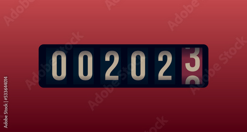 Countdown 2023 numbers in stopwatch, counter style. Happy New Year event poster, greeting card cover, 2023 calendar design, invitation to celebrate New Year and Christmas. Vector illustration