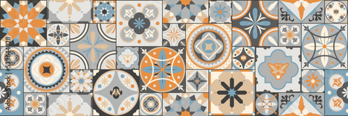 Talavera pattern. Indian patchwork. Azulejos Portugal. Turkish ornament. Moroccan tile mosaic. Ceramic tableware, folk print. Spanish pottery. Ethnic background. Mediterranean seamless wallpaper.
