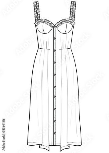 women sweetheart neck ruffle strap sleeve sundress, button down dress flat sketch vector illustration.