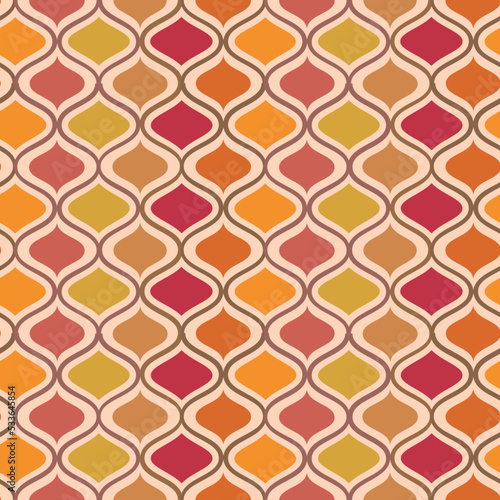 Mid century modern ogee seamless pattern in orange, red, brown and coral. For home décor, textile and fabric 