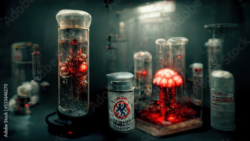3 D render. Horrible genetic laboratory of monsters, mutants. Horror background. 