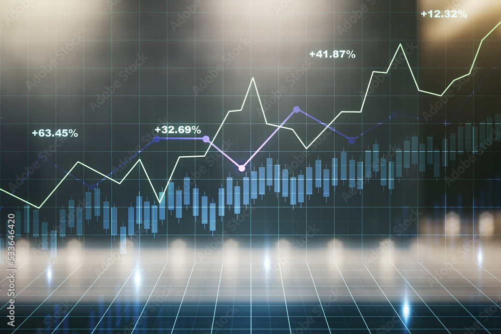 Abstract virtual financial graph hologram on blurry contemporary office building background, financial and trading concept. Multiexposure Abstract virtual financial graph hologram on blurry contemporary office building background, financial and trading concept. Multiexposure