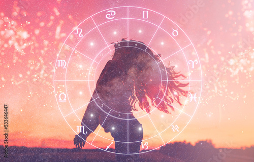 astrology and zodiac signs, cosmic background with a girl photo