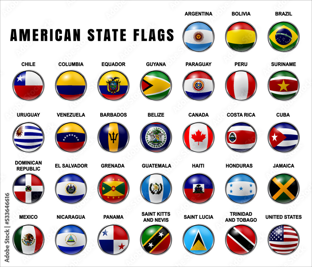 Flags of American Sovereign States. Flags Set 3D Rounded Stock Vector