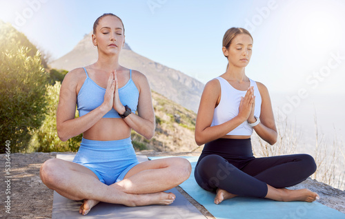 Yoga women, meditation and namaste praying for peace, zen and mindset of training, workout and outdoor exercise. Calm, relax and focus fitness friends for breathe healthy energy, balance and wellness