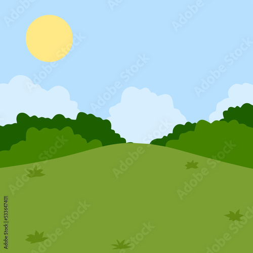 Green field with grass. Lawn with bushes and sky. Background for nature