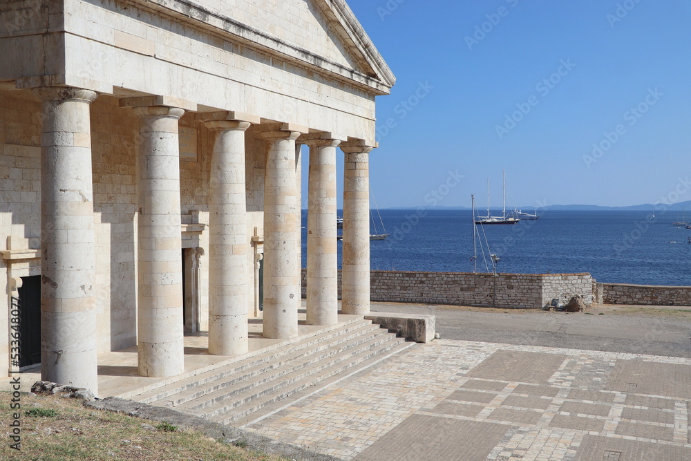 The old Venetian fortress of Corfu town and Holy Church of Saint George, Corfu, Greece. The Old Fortress of Corfu is a Venetian fortress in the city of Corfu. Venetian Old Fortress