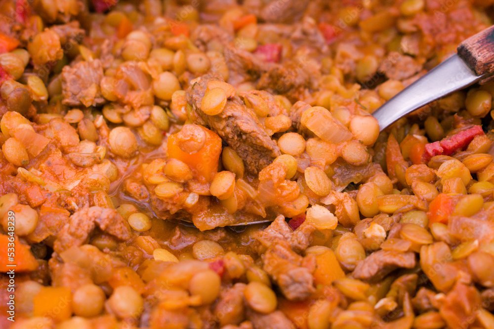 Spanish Lentils and chorizo stew prepared in the traditional way. Spanish Lentils and chorizo stew prepared in the traditional way.