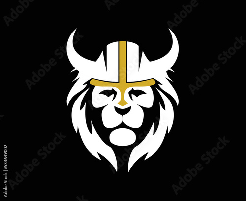 lion head logo wearing viking war helmet