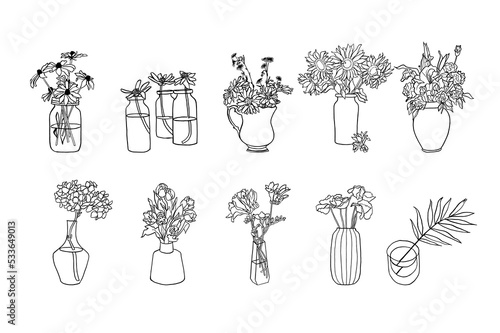 Vector illustration set of ink flowers in vases. Art for for prints, wall art, banner, background.
