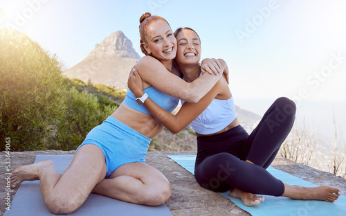 Exercise, friends and hug during yoga workout by woman bonding and meditating in nature together. Zen, health and relax by portrait of girl embrace during outdoor yoga class, excited about meditation