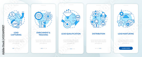 Lead management process blue onboarding mobile app screen. Promotion walkthrough 5 steps editable graphic instructions with linear concepts. UI, UX, GUI template. Myriad Pro-Bold, Regular fonts used
