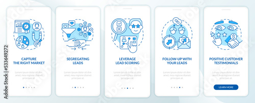 Practices of lead conversion blue onboarding mobile app screen. Walkthrough 5 steps editable graphic instructions with linear concepts. UI, UX, GUI template. Myriad Pro-Bold, Regular fonts used