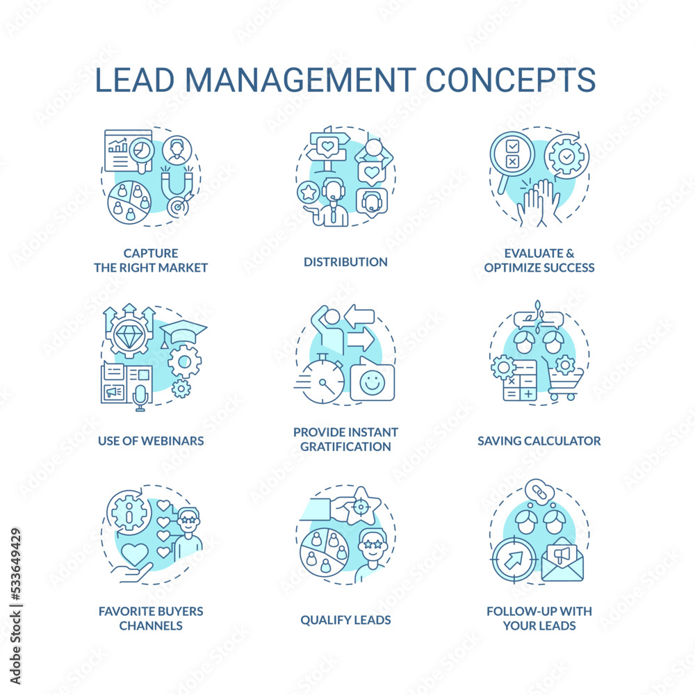 Lead management turquoise concept icons set. Marketing strategy for business idea thin line color illustrations. Isolated symbols. Editable stroke. Roboto-Medium, Myriad Pro-Bold fonts used