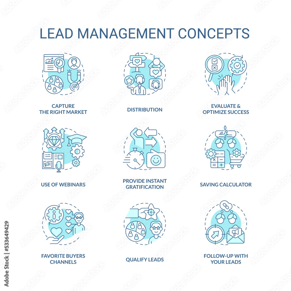 Lead management turquoise concept icons set. Marketing strategy for business idea thin line color illustrations. Isolated symbols. Editable stroke. Roboto-Medium, Myriad Pro-Bold fonts used Lead management turquoise concept icons set. Marketing strategy for business idea thin line color illustrations. Isolated symbols. Editable stroke. Roboto-Medium, Myriad Pro-Bold fonts used