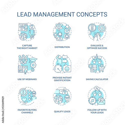 Lead management turquoise concept icons set. Marketing strategy for business idea thin line color illustrations. Isolated symbols. Editable stroke. Roboto-Medium, Myriad Pro-Bold fonts used