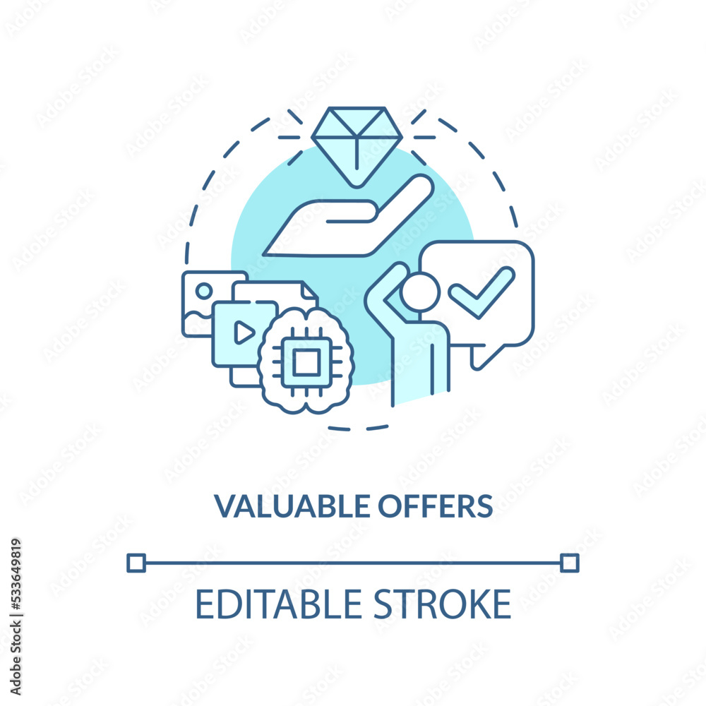 Valuable offers turquoise concept icon. Customer interest. Lead nurturing campaign abstract idea thin line illustration. Isolated outline drawing. Editable stroke. Arial, Myriad Pro-Bold fonts used