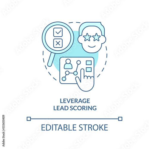 Leverage lead scoring turquoise concept icon. Practice of contacts conversion abstract idea thin line illustration. Isolated outline drawing. Editable stroke. Arial, Myriad Pro-Bold fonts used