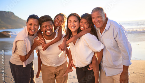 Big family, beach vacation and bonding of kids with parents and grandparents on travel holiday and trip to Indonesia with love and smile. Portrait of men, women and girl children of multi generation