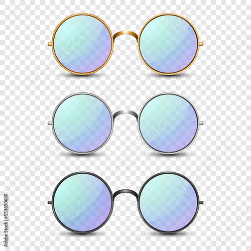 Vector 3d Realistic Round Frame Glasses Set with Blue Glass isolated, Transparent Sunglasses for Women and Men, Accessory. Optics, Lens, Vintage, Trendy Glasses. Front View