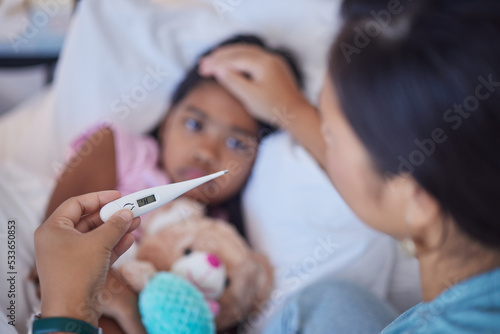 Medical home thermometer  mother check sick child and .check results of girl covid virus in india. Nursing healthcare diagnosis  stay in bedroom with fever flu and woman touching warm forehead of kid