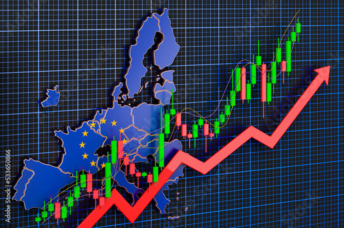 Economic growth in the European Union  uptrend market  concept. 3D rendering