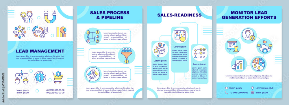 Lead management blue brochure template. Marketing. Leaflet design with linear icons. Editable 4 vector layouts for presentation, annual reports. Arial-Black, Myriad Pro-Regular fonts used Lead management blue brochure template. Marketing. Leaflet design with linear icons. Editable 4 vector layouts for presentation, annual reports. Arial-Black, Myriad Pro-Regular fonts used