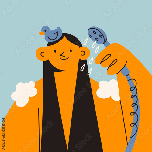 Happy smiling person taking a shower with rubber duck on head. Cute character washes in shower. Daily hygiene routine. Hand drawn Vector illustration. Cartoon style. Personal care, beauty concept