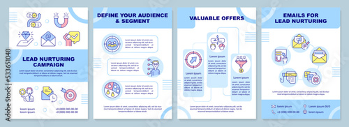 Lead nurturing campaign blue brochure template. Promotion. Leaflet design with linear icons. Editable 4 vector layouts for presentation, annual reports. Arial-Black, Myriad Pro-Regular fonts used