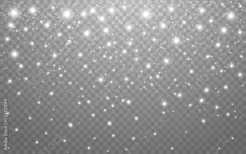 Snow background on transparent backdrop. Bright white snowflakes and sparks. Winter design template. Magic falling dust effect. Festive Christmas texture. Vector illustration