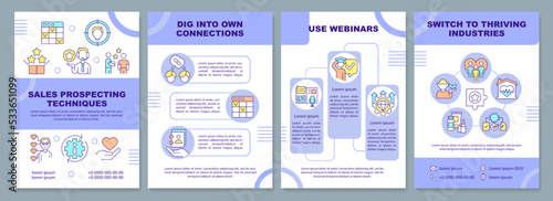 Sales prospecting techniques purple brochure template. Leaflet design with linear icons. Editable 4 vector layouts for presentation, annual reports. Arial-Black, Myriad Pro-Regular fonts used photo