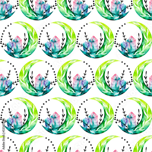 Mystical Lunar Crescent with Crystals Watercolor Seamless Pattern