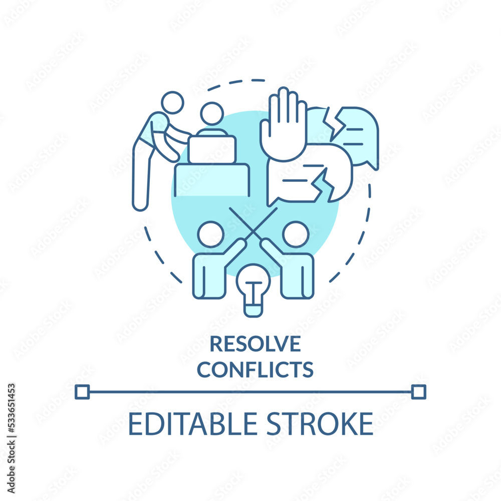 Resolve conflicts turquoise concept icon. Tip for mentor abstract idea thin line illustration. Positive relationships. Isolated outline drawing. Editable stroke. Arial, Myriad Pro-Bold fonts used Resolve conflicts turquoise concept icon. Tip for mentor abstract idea thin line illustration. Positive relationships. Isolated outline drawing. Editable stroke. Arial, Myriad Pro-Bold fonts used