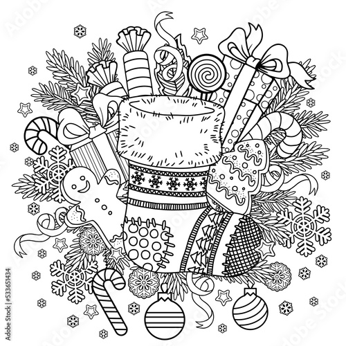Cute knitted Christmas sock with sweet gifts from Santa Claus. Vector mandala coloring page for adults. Page for coloring book and Christmas design