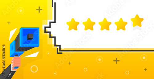 Five Star Rating. Megaphone Geometry style concept. Feedback review. Vector illustration.
