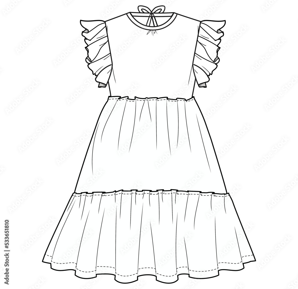 girls tiered maxi frill dress flat sketch vector illustration - obrazy, fototapety, plakaty 