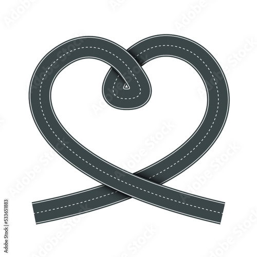 Vector illustration of heart shaped road with white markings isolated on white background. Empty heart shaped asphalt road in top view. Valentine Day template.