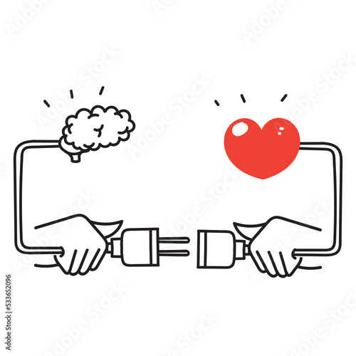 hand drawn doodle connect wire balance between heart and brain illustration
