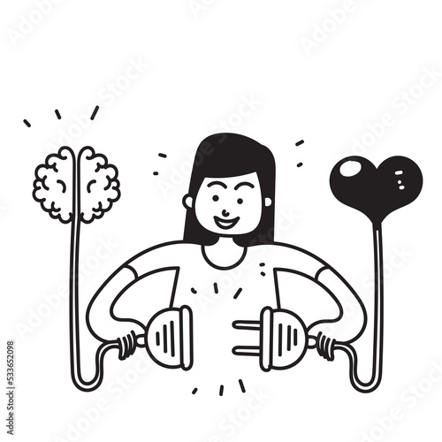 hand drawn doodle connect wire balance between heart and brain illustration