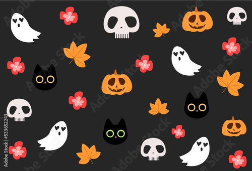 Happy halloween pattern with candies, cats and pumpkins
