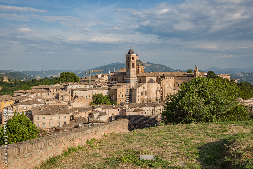 Fototapeta premium Aerial panorama of the Ducal Palace of Urbino medieval walled town and university in Marche, Italy a popular travel destination
